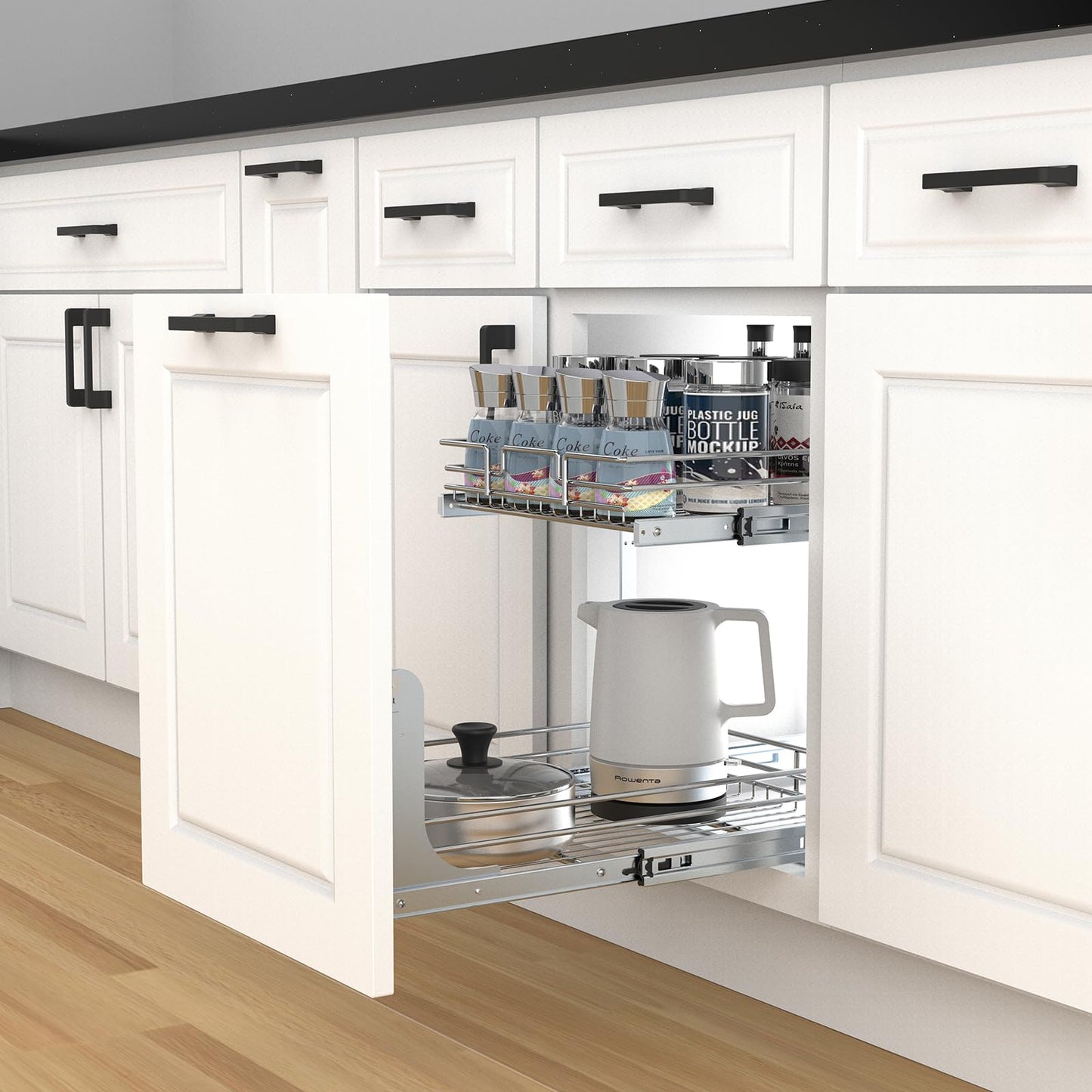 2 Tier Pull Out Cabinet Organizer, 17" W x 21" D Heavy-Duty Metal Sliding Drawer Shelf for Kitchen Cabinets, Chrome, Doesn't Include Door Fittings
