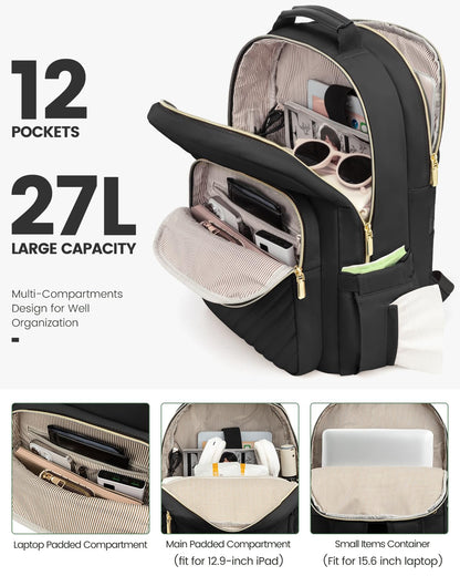LOVEVOOK Laptop Backpack Purse for Women, Work Travel Computer Bags, College School Backpack for Student Girl, Quilted Casual Daypack with USB Port, Fit 15.6 Inch Laptop, Black