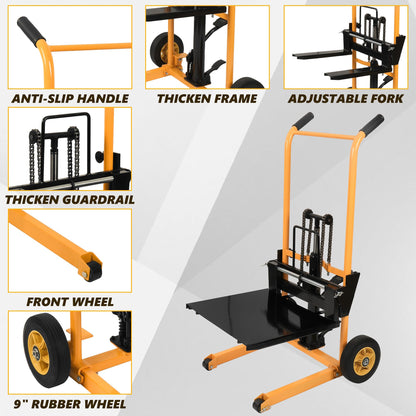 Manual Hydraulic Pallet Stacker – 43.3” Lift Height, 440 lbs Capacity, Adjustable Forks, 2-in-1 Forklift & Flatbed Cart for Warehouse, Retail, Garage