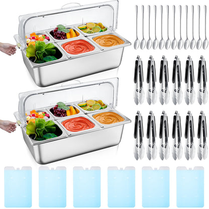 Tessco for you 2 Set Countertop Chiled Ice Food Serving Display Container Stainless Steel Condiment Dispenser with Lid Clamps Spoons Box for Restaurant Kitchen (6 Compartments)