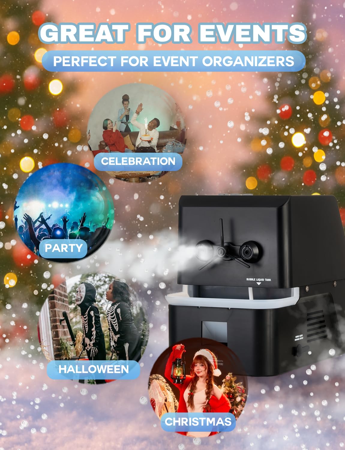Vellrive Fog Bubble Machine – 3-in-1 Bubble & Fog Machine that Creates Snow-Like Effect for Indoor and Outdoor Use - Perfect Fake Snow Maker for Christmas, Parties, Weddings, and Holiday Events