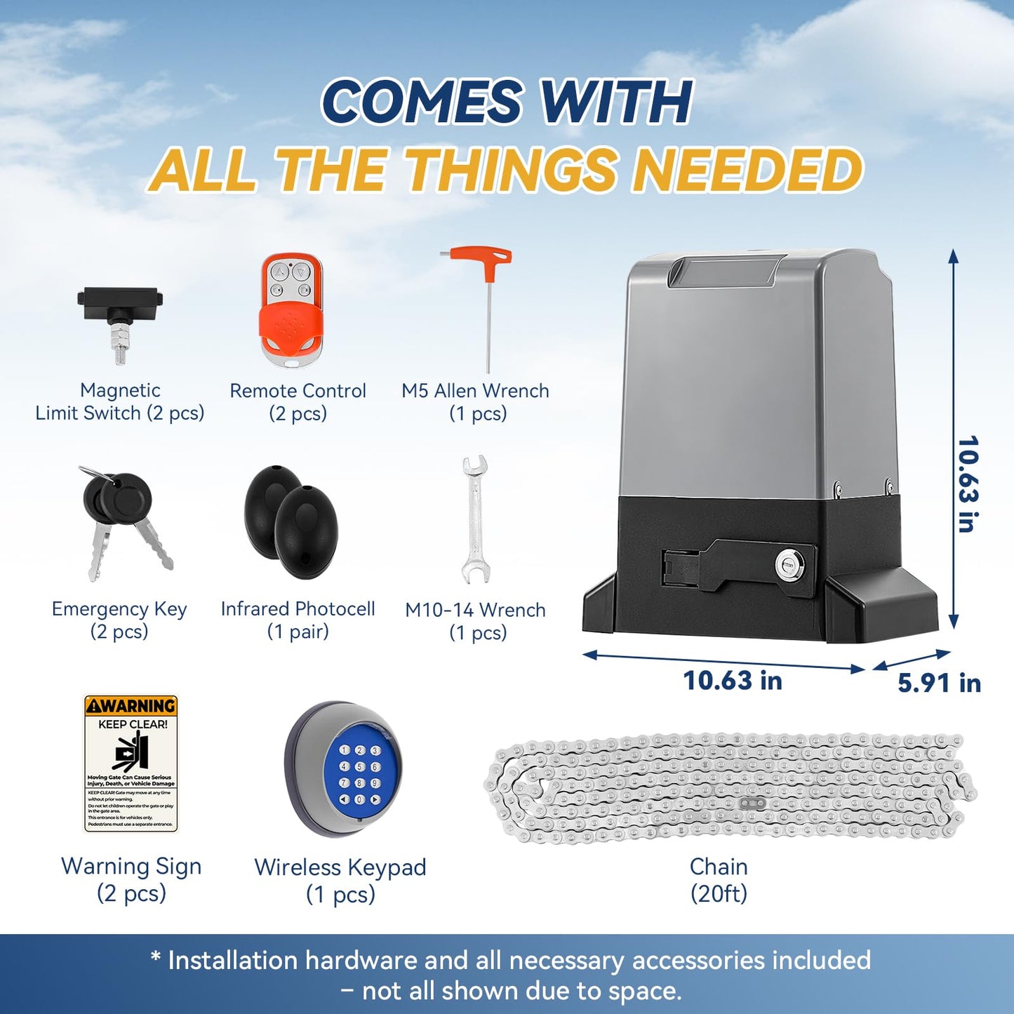 Hanchen WiFi App, Remote, & Keypad Controls – 5300lb Heavy Duty Sliding Gate Opener, AC Powered No Solar Needed, Chain Drive, 1-5/8HP Motor, IR Sensor Kit for 40ft Gate
