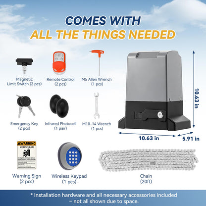 Hanchen WiFi App, Remote, & Keypad Controls – 5300lb Heavy Duty Sliding Gate Opener, AC Powered No Solar Needed, Chain Drive, 1-5/8HP Motor, IR Sensor Kit for 40ft Gate