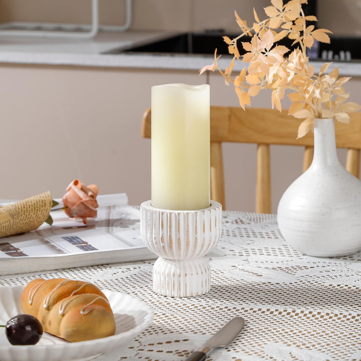 TRENDIN Reversible Rustic Pillar Candle Holders Set of 2, Distressed White Wood Candle Stand Set for Table, Fluted Farmhouse Wooden Candlestick Holders for Fireplace Mantel, Dining Room Decor