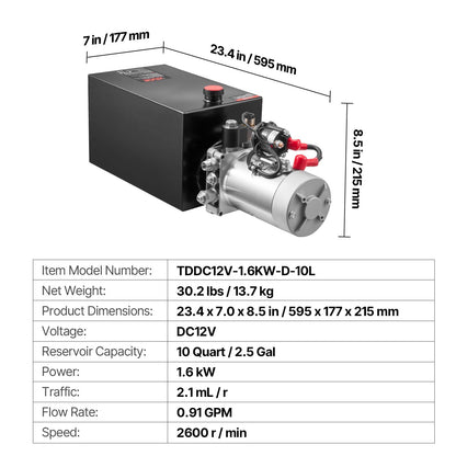 Mophorn Hydraulic Pump, 10 Quart Hydraulic Power Unit, Single Acting Hydraulic Pump, 12V DC Hydraulic Pump (Steel Reservoir, Single Acting, 3200 PSI) w/SAE#6 Connector for Dump Trailer Car Lifting