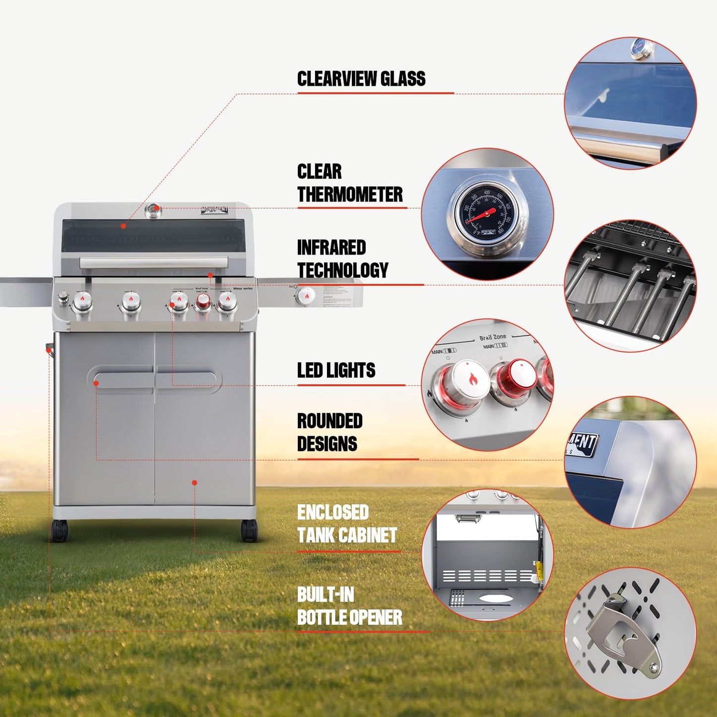 Monument Grills Mesa Series, 4+1 Outdoor Barbecue Stainless Steel Propane Gas Grill, 4 Burners & 1 Side Burner 62,000 BTU Patio Garden Barbecue Grill with Knob Controls, Mesa415BZ