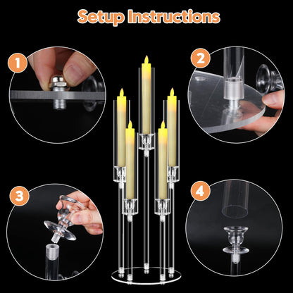 Cheloment 4 Sets 5 Arms Acrylic Candelabra Centerpieces for Tables, 27" Clear Candle Holder for Wedding Dinner Party and Home Decor,Candlesticks Holder with LED Candles