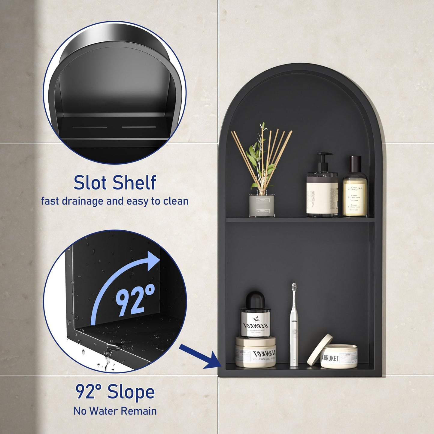 Bernkot Stainless Steel Arched Shower Niche 24" X 12" Matte Black No Tile Needed Vertical Niche Shower with 3-Tier Shelves Recessed Wall Arched Niches for Bathroom Storage