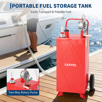 35 Gallon Fuel Gas Caddy Storage Tank, Portable Gas Caddy Fuel Transfer Tank with Wheels, Manual Rotary Pump, Hose, Wide Mouth Fill Port, Fuel Level Gauge, Mobile Gasoline Diesel Transfer Cart for ATV, Tractor, Mower, Car, Boat