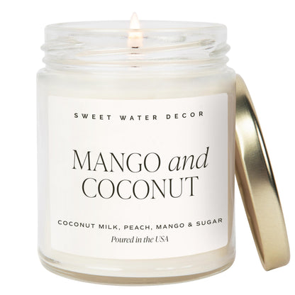 Sweet Water Decor Mango & Coconut Soy Candle - Pineapple, Mango and Orange Scented Summer Candles for Home - 9oz Clear Jar + Gold Lid, 40+ Hour Burn Time, Made in The USA
