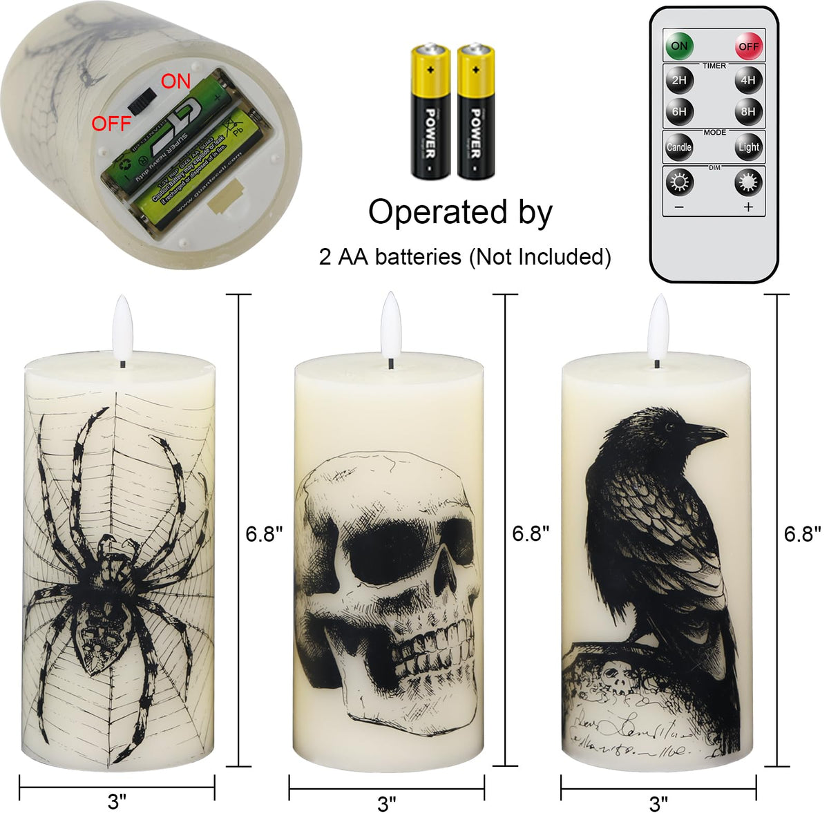 Eldnacele Halloween Flickering Candles Remote with Skull, Spider Web, Crow Raven Decals Set of 3, Battery Operated Halloween Themed LED Candles Horror Spooky Decoration
