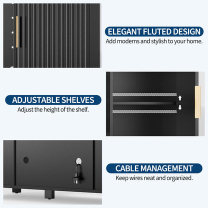 Garvee 53" Fluted Coffee Bar with Mini Fridge Space & Charging Station, Fits 19.7" Mini Fridge, Fridge Cabinet with Wine Storage, Buffet Sideboard with Wine Rack and Storage for Dining Room, Black