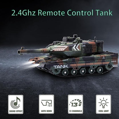 RC Tank That Shoots - 2.4Ghz Remote Control Army Tank with Smoke Lights Sounds 360° Rotating Turret Auto Demo 13 Channel Military Vehicles Model Gift for Boys 6-8