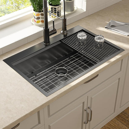 Lordear 30 Inch Black Kitchen Sink Single Bowl Workstation Sinks 16 Gauge All In One 30x22 Kitchen Sinks Stainless Steel Gunmetal Black Sink 30"