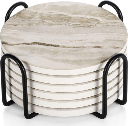 Ehigta Coasters Set of 6, Absorbent Drink Coaster with Holder, Marble Style Ceramic Stone Coasters for Drinks Coffee Tabletop Protection, Modern Furniture Coaster for Home Decor House Warming Gifts