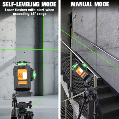 LAISAI 3x360° Green Beam Electronic Self-Leveling Laser Level,Metal Rotating Window Frame Anti-Shake,Remote Calibration & Slope Adjustment,High Precision ±0.2mm/m(Laser:Class II, <5MW)