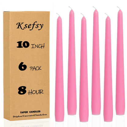 Ksefey 10 Inch Pink Taper Candles Set of 6 - Dripless,Unscented,8 Hours Burn Time-Perfect for Wedding,Dinner,Party and Home Decor