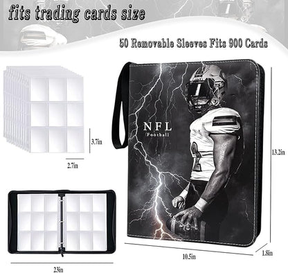 Football Card Binder 900 Pockets Trading Card Binder 9 Pocket with 50 Removable Sleeves Fits 900 Sport Cards 3 Ring Card Holder Binder with Zipper Collector Storage Album