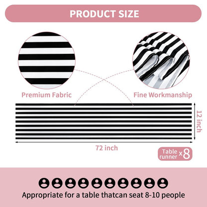 Lykoow 8 Pack Striped Table Runner Polyester Classic Black and White Striped Table Decor for Indoor Outdoor Events, Wedding, Birthday Parties, Banquets and Celebrations (12 x 72 Inch)