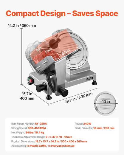 VEVOR Commercial Meat Slicer, 10 inch Electric Food Slicer, 240W Frozen Meat Deli Slicer, Premium Chromium-plated Steel Blade Semi-Auto Meat Slicer For Commercial and Home use