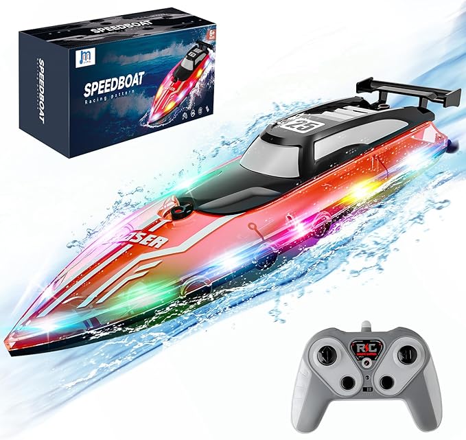 RC Boat for Kids with LED Lights 2.4Ghz Remote Control Racing Boats for 8-12Toy Water Boat for Pools &amp Lakes with WaterproofRechargeable Battery for Boys Girls RED