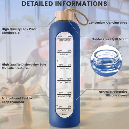 PROBTTL 32 Oz Borosilicate Glass Water Bottle with Time Marker Reminder Quotes, 1 Liter Leak Proof Reusable BPA Free Motivational Water Bottles with Silicone Sleeve and Bamboo Lid (Navy Blue)