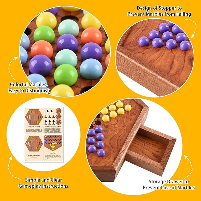Large Chinese Checkers Upgraded Version Wooden Game Board 16mm 60+12 Colorful Acrylic Marbles Easy Grasping for Adults and Kids with Storage Drawer Fun for Family Gathering (15in.)