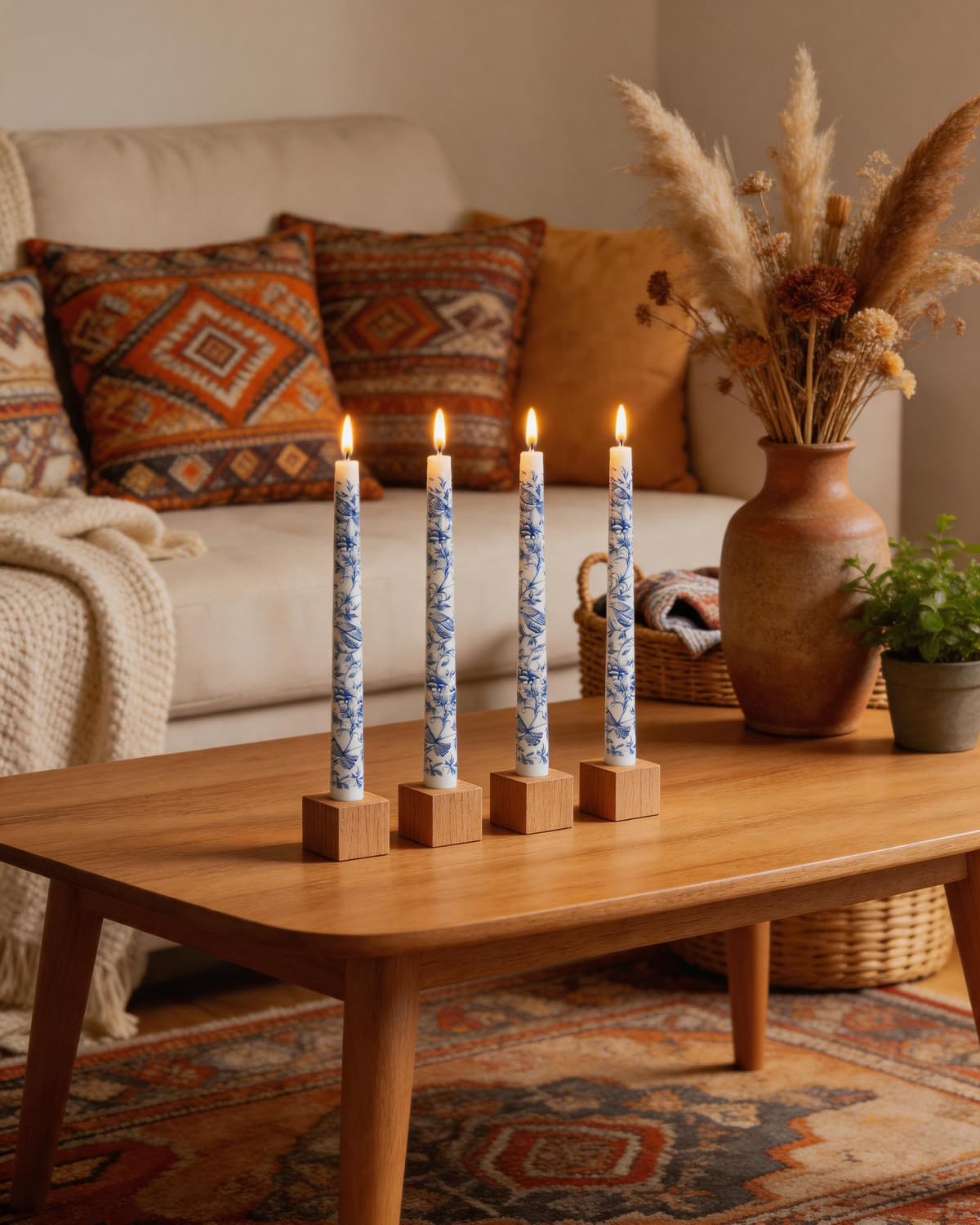 MAITREYA Chinoiserie Taper Candles Blue and White Chinoiserie Decor Candlesticks for Wedding Party Home Table Centerpiece Christmas Halloween Gifts-10Inch,4 Pcs,Bird