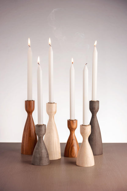 Karma, Acacia Wood Turned Candle Holder, Wooden Rounded Turned Candle Holders, Large Bleached