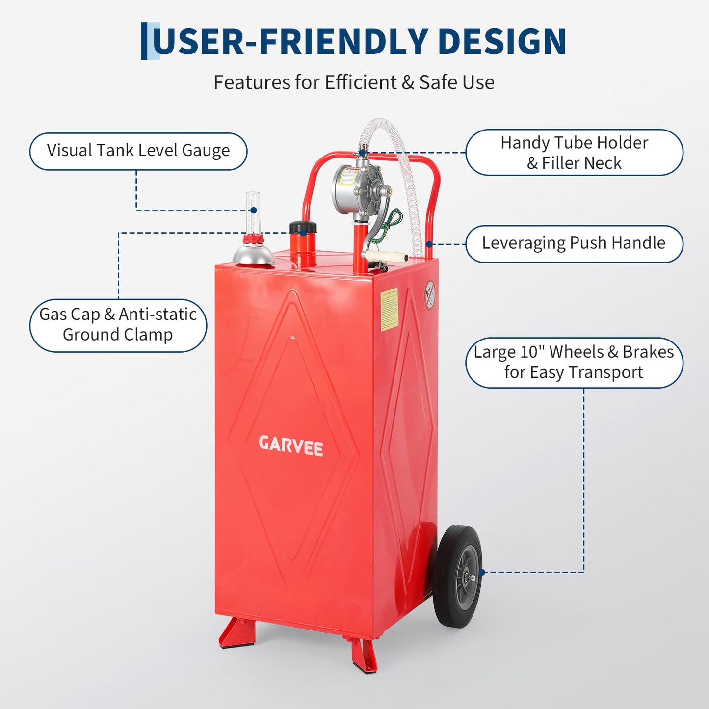 35 Gallon Fuel Gas Caddy Storage Tank, Portable Gas Caddy Fuel Transfer Tank with Wheels, Manual Rotary Pump, Hose, Wide Mouth Fill Port, Fuel Level Gauge, Mobile Gasoline Diesel Transfer Cart for ATV, Tractor, Mower, Car, Boat