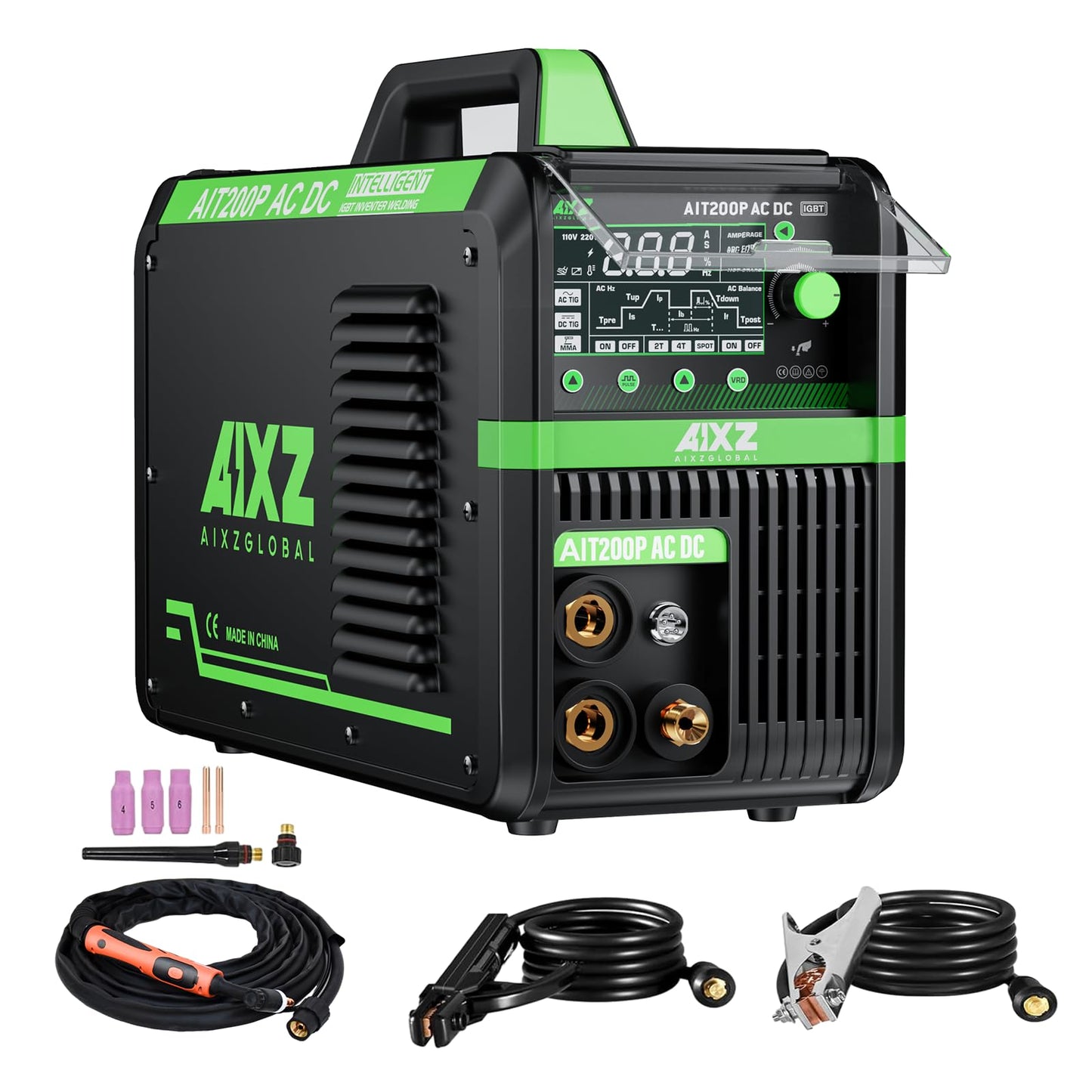 AIXZGLOBAL AIT200P AC/DC TIG Welder, 200A 110V/220V Aluminum Welding Machine with AC/DC TIG, Pulse TIG, Spot TIG, HF Start & Stick Welding, Foot Pedal Compatible, IGBT Inverter, Large HD Display
