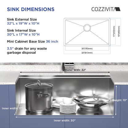 Cozzivita 32in Undermount Workstations Kitchen Sinks - 11 Gauge Stainless Steel Sink 10inch Deep Worktation Sink with Cutting Board and Accessories