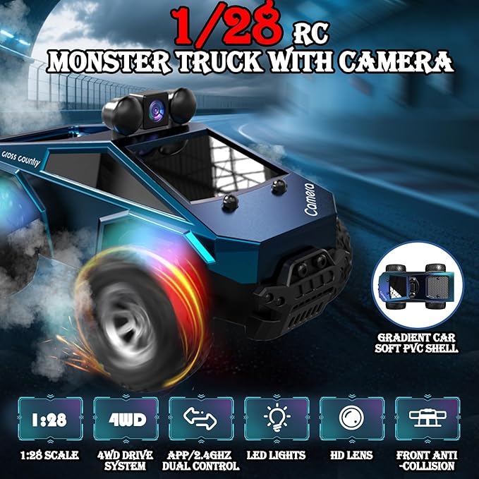 1/28 RC Monster Truck with Camera RC Car Toys with 720P HD FPV Camera High Speed All-Terrain Remote Control Car Racing Vehicle with Blinking Body Lights for Adults Kids Boys Dual Control Modes