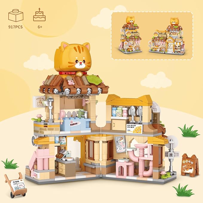 Street View Cute Cat Shop Mini Building Blocks MOC Creative Building Toys Cute Animals Building Set for Girls 6-12 Simulation Architecture Construction Toy Gift Idea for Kids Adults (917 PCS)