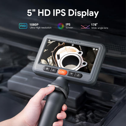 DEPSTECH Dual Lens Borescope Camera with Light, Two-Way Articulating Borescope, 5" IPS Dual View Endoscope with 0.33in Slim Probe, 1080P Waterproof Inspection Camera for Wall Auto Engine Inspect-5FT