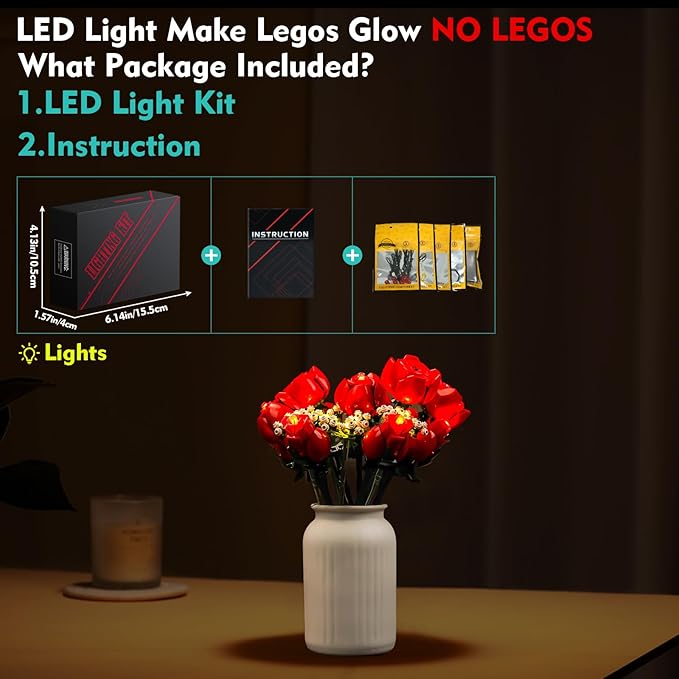 VONADO Light Kit Compatible with Lego-Bouquet-of-Roses-10328 Flowers Icons (Lights Only No Models) Creative LED Lighting Set Compatible with Lego 10328 Valentines Roses Bouquet Building Set