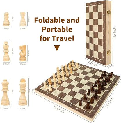 Magnetic Wooden Chess Board Set – 15.3 Folding Travel Chess Sets with Storage Slots – 2 Extra Queens Chess Board Set for Kids Adults Beginners – Portable Chess Game with Pieces Storage