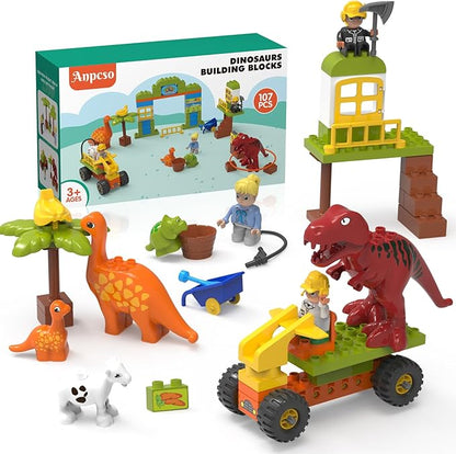 Building Blocks for Toddlers 3-5 Dinosaur Toys- Dinosaurs Car Build Learn and Play Educational Interactive Creative DIY Toy Compatible with All Major Brands Gift for Kids Boys Girls