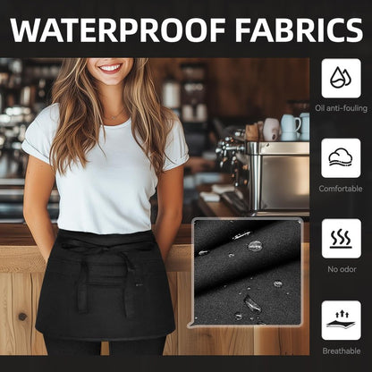 NLUS 2 Pack Server Apron with 8 Pockets, Water-Resistant Waiter Waitress Waist Half Apron for Women Men, 12 x 24 Inch - Black