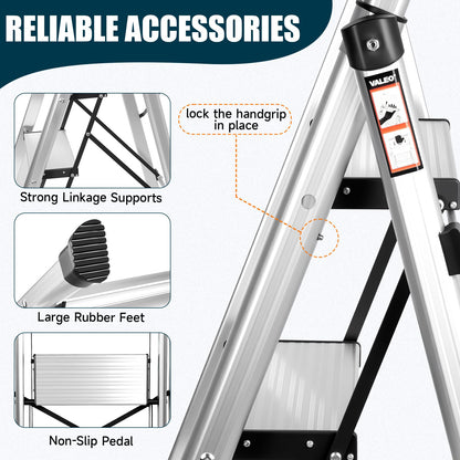 Valeo Aluminium 5 Step Ladder with Retractable Handgrip,Anti-Slip Pedal,330 lbs Capacity,Folding Step Stool for Kitchen, Garage, Home, Space Saving, Sturdy and Portable, Silver