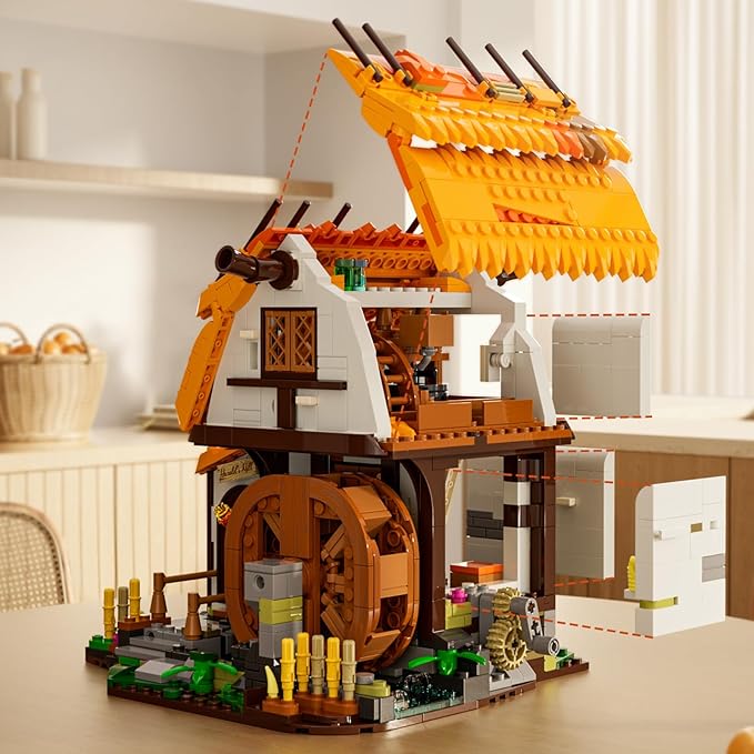 FUNWHOLE Medieval Water-Mill Lighting Building-Bricks Set - Middle Age Milling House Collection LED Light Building Construction Model Sets 1278 Pcs for Adults and Teen
