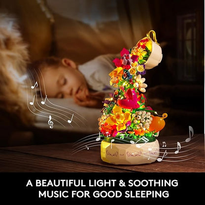 HOGOKIDS Flowers Music Box Building Block Kit with Light- 571PCS Valentines Day Gifts Decoration Rotating Music Box Blocks Set | Botanical Collection Birthday Gift Girls Boys Adults Kids Ages 6+