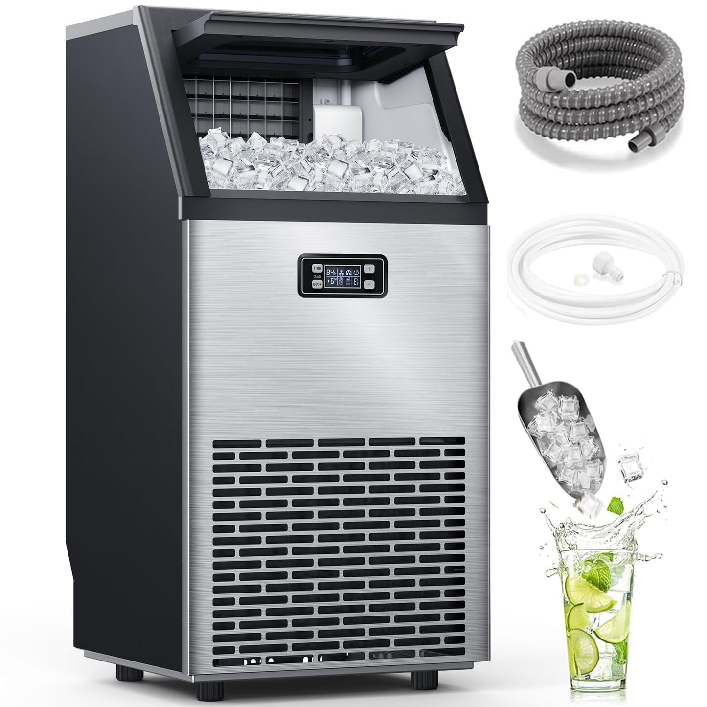 Electactic Commercial Ice Maker Machine,100lbs/24H Stainless Steel Ice Machine,33lbs Storage, Auto Self-Cleaning Freestanding Ice Maker, Ice Machine Freestanding for Bar/Cafe/Restaurant-Dark Silver