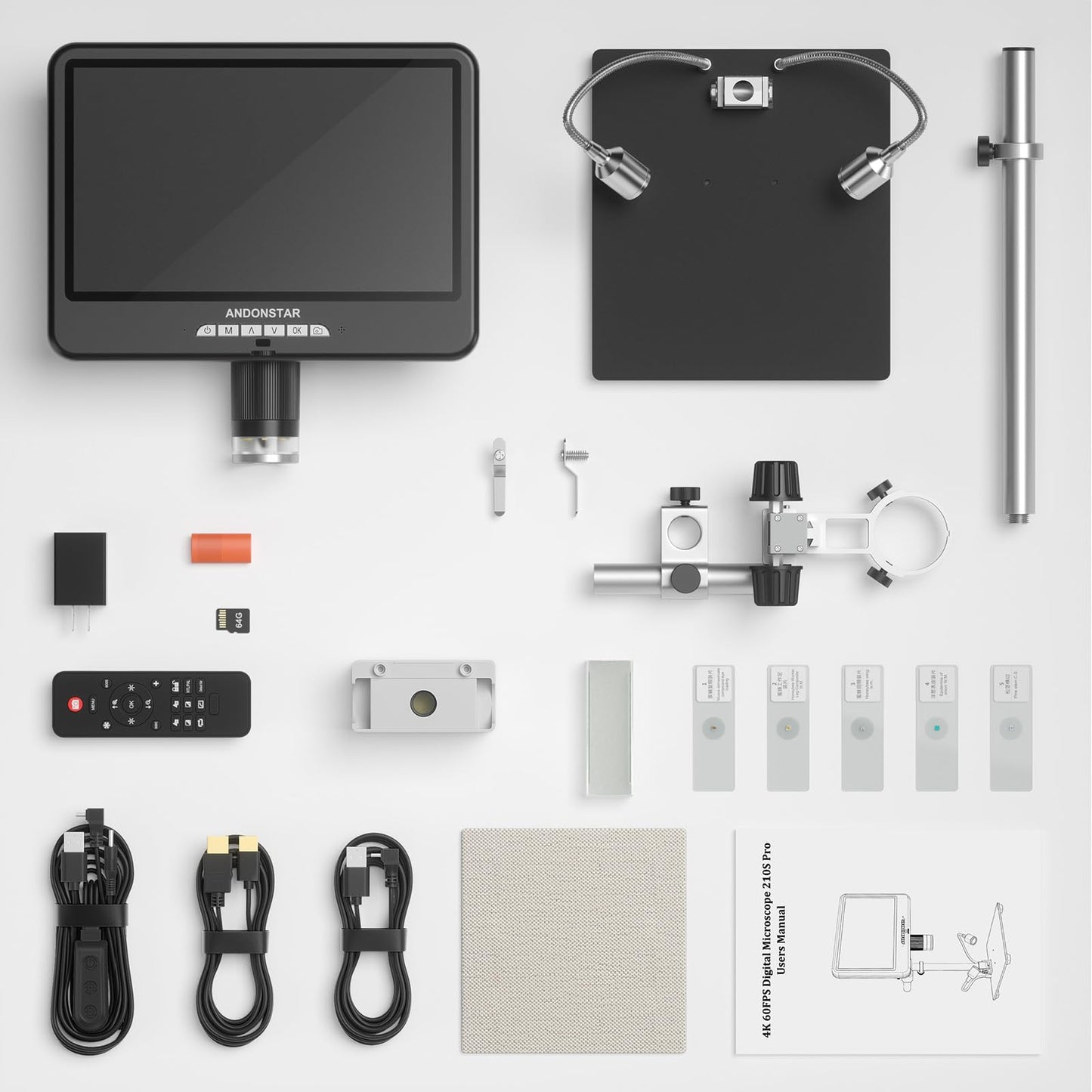 Andonstar 4K 60FPS 10.1" HDMI Digital Microscope for Soldering, 64MP 3840P UHD Video Audio Record, AD210S-Pro Electronic PCB Microscope for Adults, Error Coins, Pro Boom Arm Stand, 64GB
