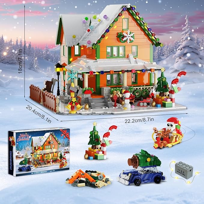 Christmas House Mini Building Set with Light PLAXSOON 1961 PCS Holiday Snow Village Architecture Model Building Block with Santa Claus Sleigh Xmas Display Toy Set for Adults Kids Boys Girls Ages 14+