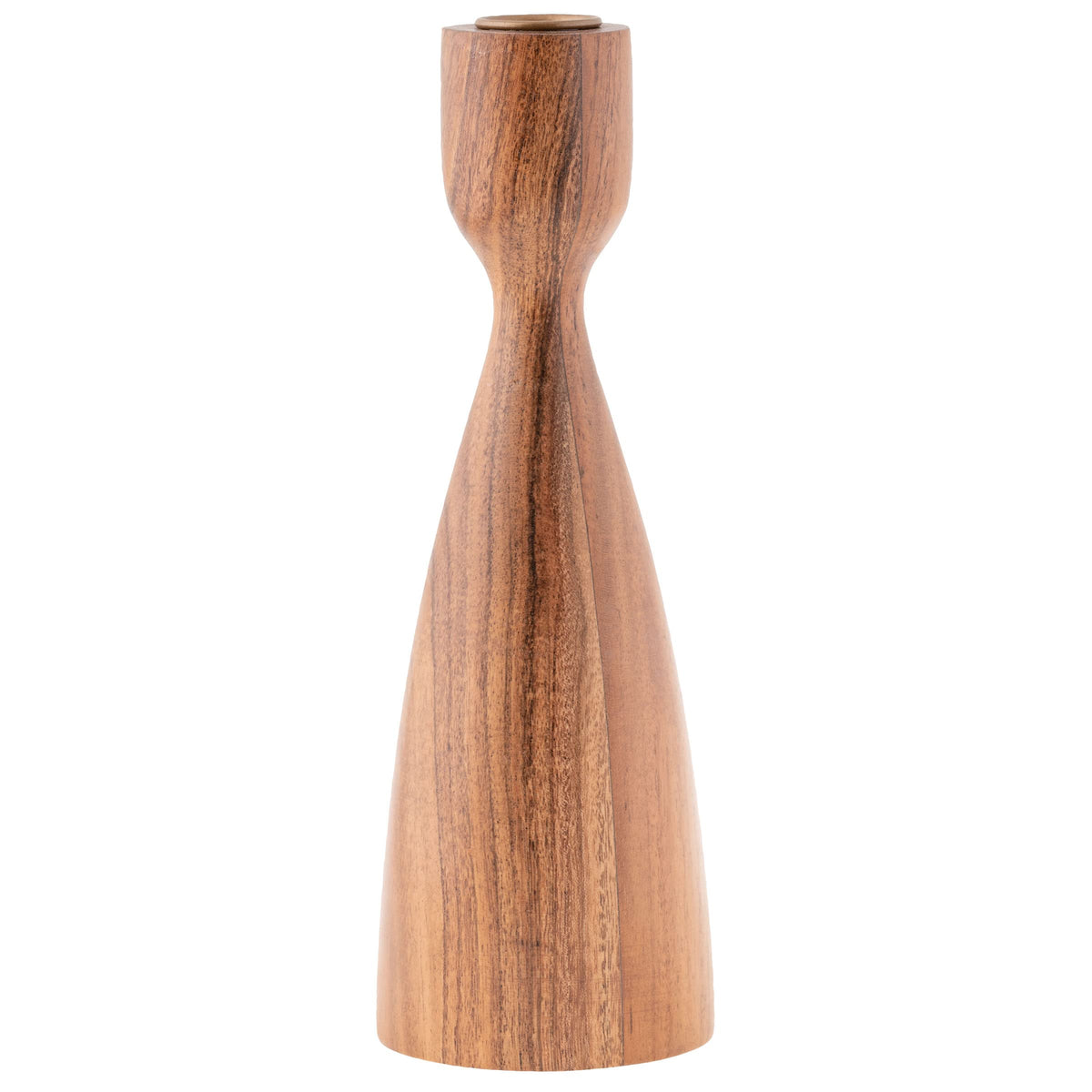 Karma, Acacia Wood Turned Candle Holder, Wooden Rounded Turned Candle Holders, Large Natural