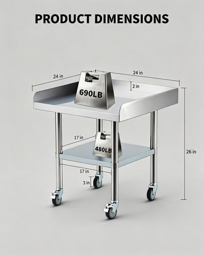 24 x 24 Stainless Steel Prep Table with Wheels – Commercial Mobile Workstation, Adjustable Undershelf, 3-Sided Backsplash – NSF Kitchen Worktable for Restaurant, Home, Garage & Catering