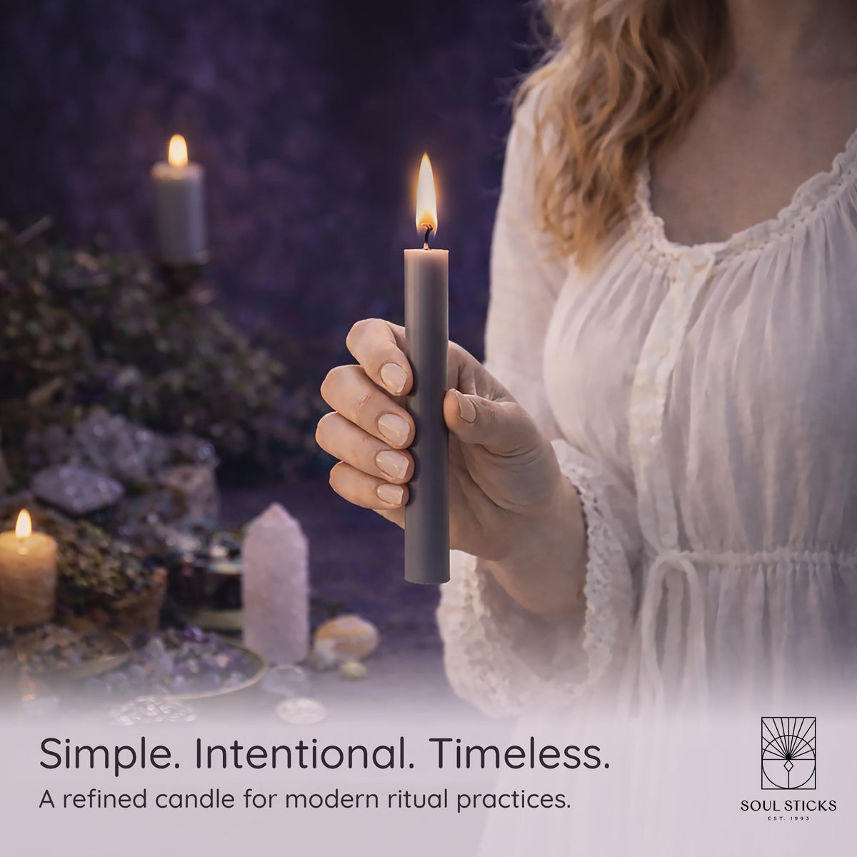 SOUL STICKS Wisdom Magic Spell Chime Taper Candles 20 Pack - Ideal for Altar, Rituals, Ceremonies, Meditation Grey Tapered Candle for Witchcraft Supplies, Wiccan Supplies, Candles Clearance