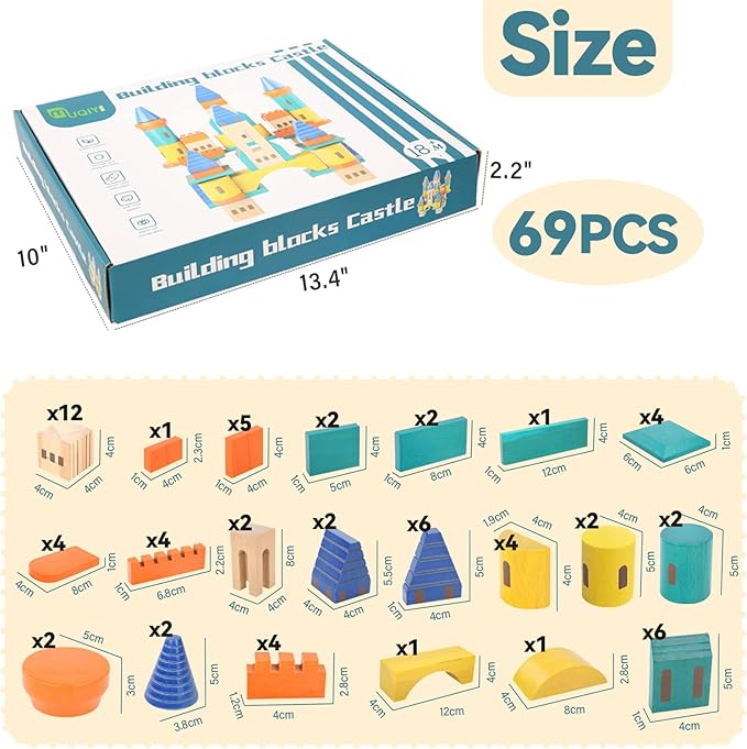 Xylolin Wooden Castle Building Blocks Set Big Solid Beech Wood Toddlers Stacking Block Toy Kids Construction Playset for Boys Girls 69 Pieces Set