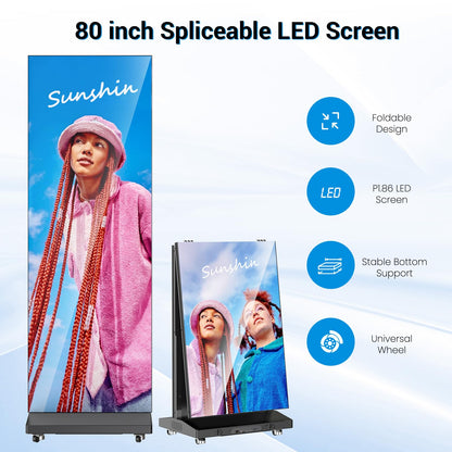 80 Inch LED Digital Signage Display, Foldable Seamless Stitching Kiosk, P1.86 GOB LED Screen Poster with Flight Case, Commercial Advertising Display for Events, Rentals and Weddings (Black, 2 Unit)